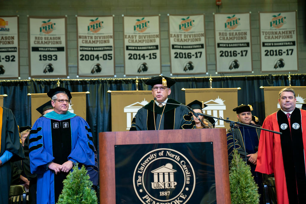 Chancellor Robin Gary Cummings offers encouraging remarks at the 2019 Winter Commencement