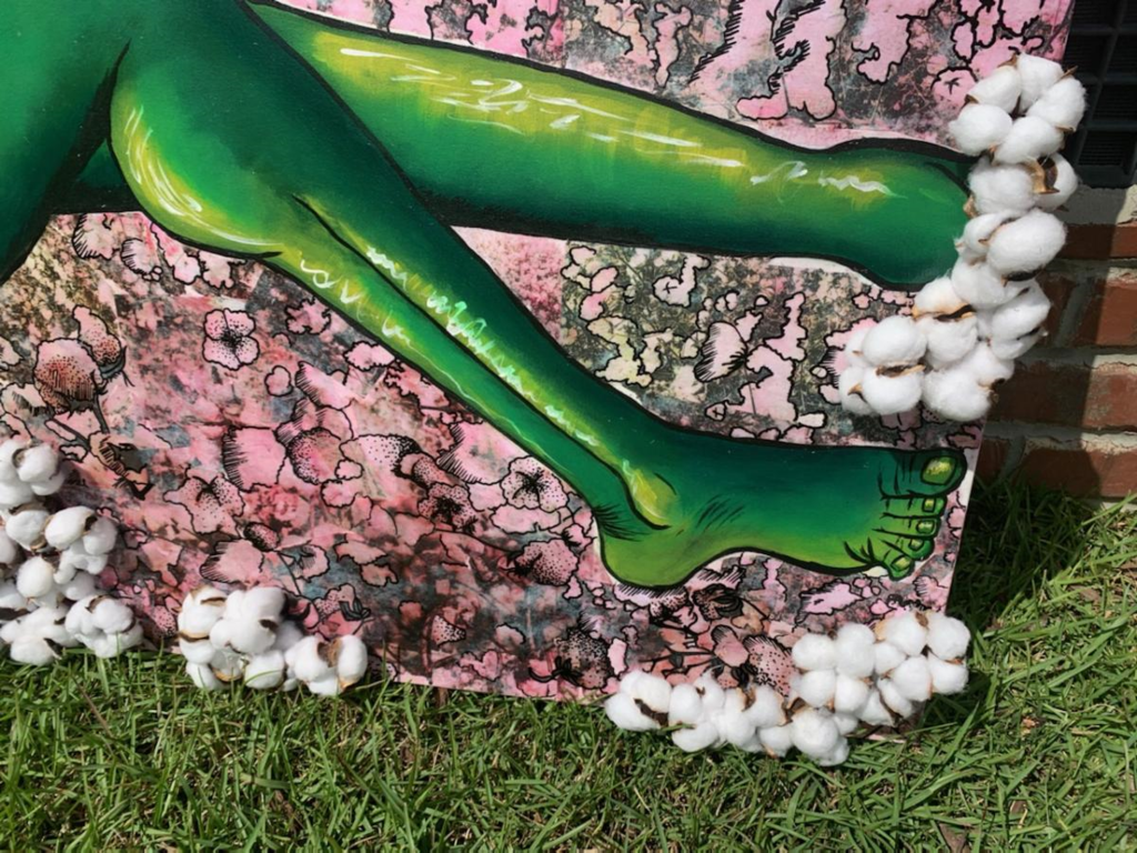 Alei Williams. "Cotton Blossom (detail)," 2020, acrylic and cotton on canvas, 30 x 80 inches