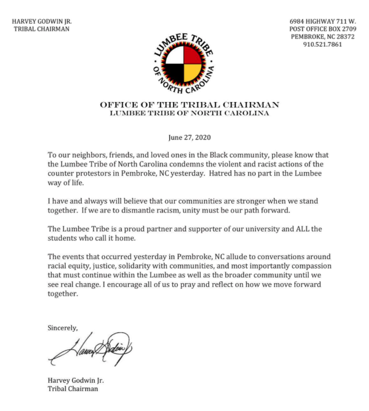 Statement from the Lumbee Tribe of North Carolina