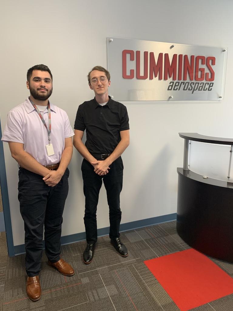 UNCP senior Ben Savage, left, and Dillon Terry, a 2020 UNCP graduate, recently completed a 10-week internship at Cummings Aerospace in Huntsville, Ala.