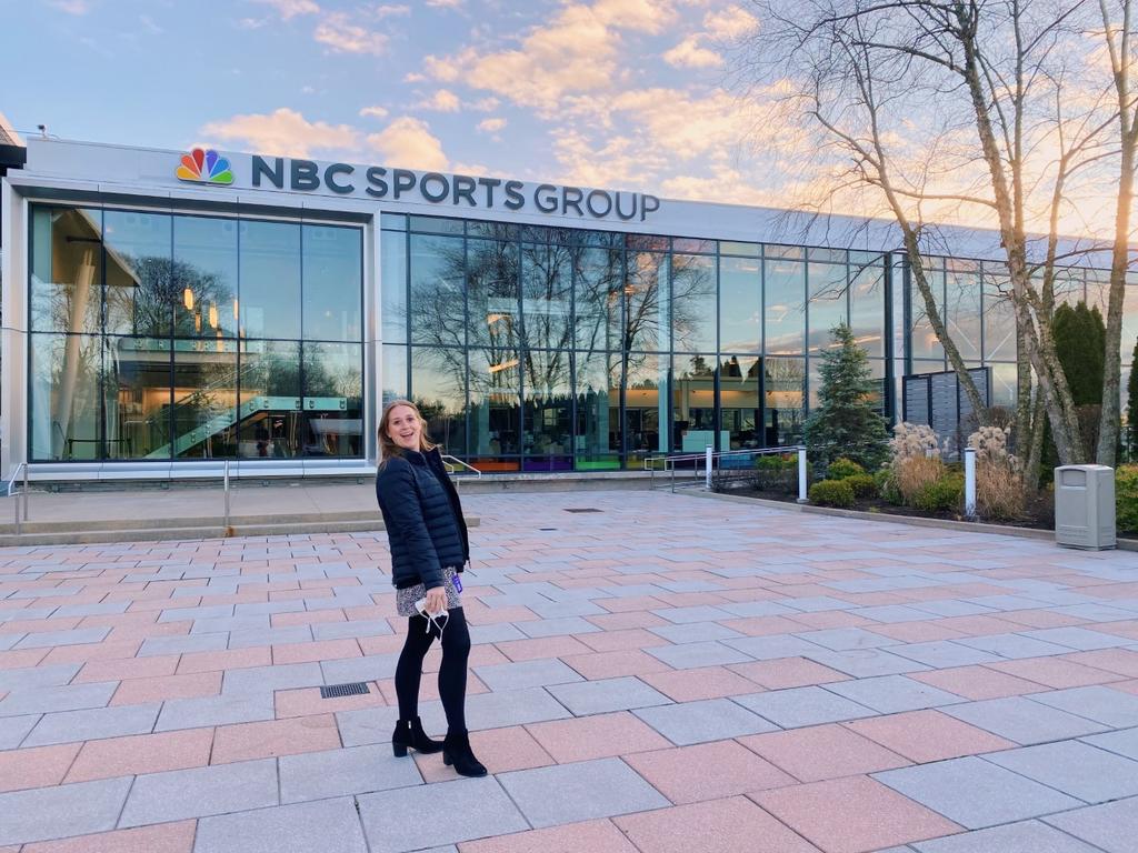 Savannah Thompson, '18, in front of the NBC Sports Group headquarters in Stamford, Conn.