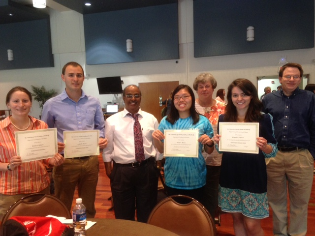 2016 Student Awards, left to right Briana Roberts (professional promise), Kaleb Morris (professional promise), Olivia Hinson  (Analytical Chemistry), Kennedi Stewart (Inorganic Chemistry, Undergraduate Research,  Continuing in Chemistry)