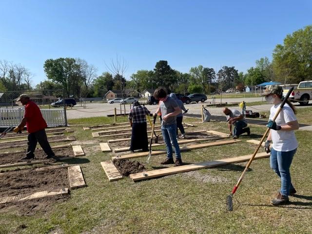 Construction on garden beds at Hargrave Elementary School