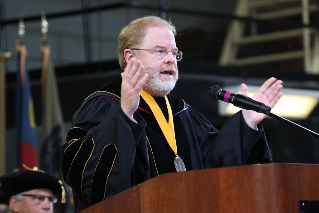 UNC System President Peter Hans delivers the keynote address at Winter Commencement at UNCP on December 11, 2021
