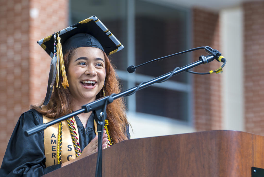 Outgoing Student Body President Dana Hunt-Locklear offers remarks during UNCP Spring Commencement on May 14, 2022