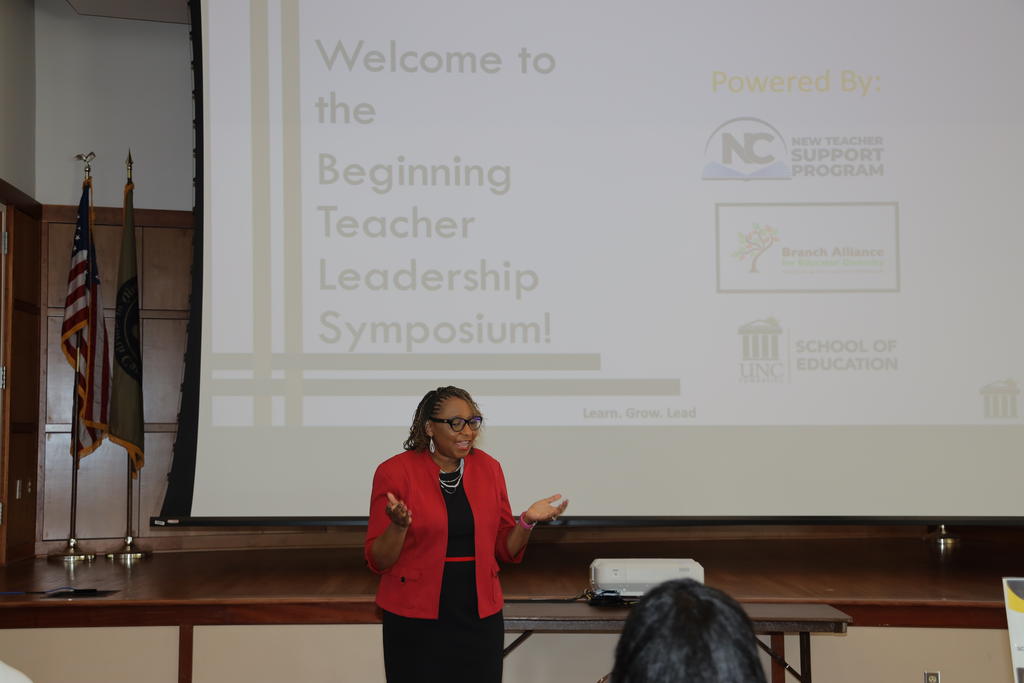 Loury Floyd, dean of the School of Education, speaks to participants during the Beginning Teacher Leadership Symposium at UNC Pembroke