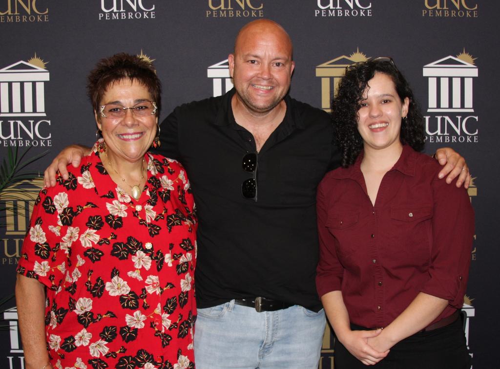 Keynote speaker Cheyenne Lee (pictured on the right) with two of her former UNCP faculty mentors Dr. Maria Pereira (left) and Dr. Conner Sandefur (middle)