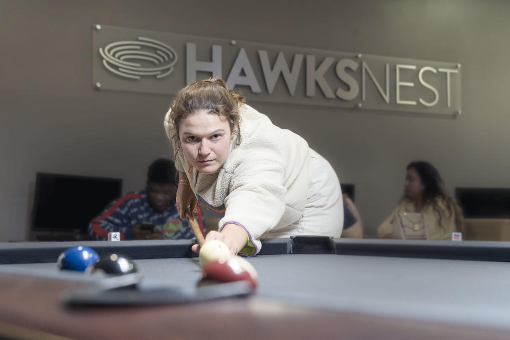 woman shooting pool in the Hawks Nest