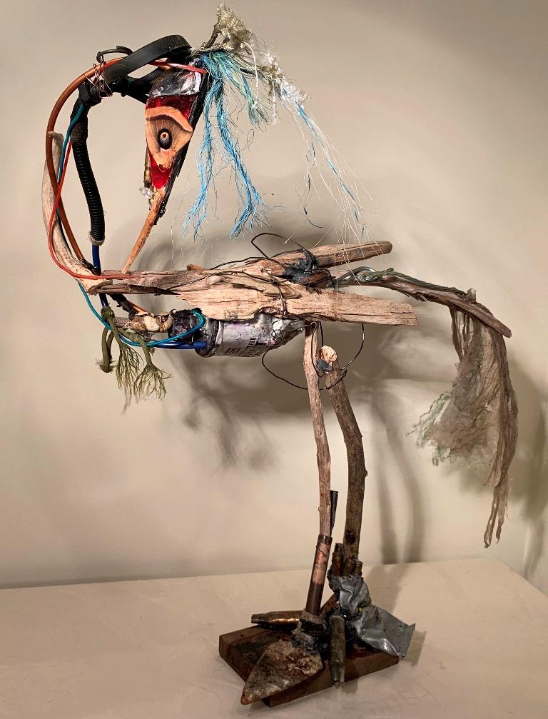 Tracey Donnelly Franklin, "War Heron II," 28 x 24 x 7 inches, organic and inorganic found objects