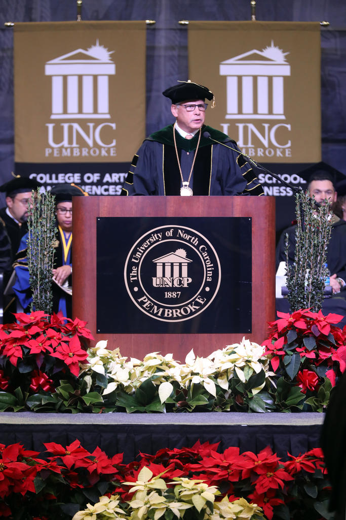 UNCP Chancellor Robin Gary Cummings addresses graduates at Fall Commencement