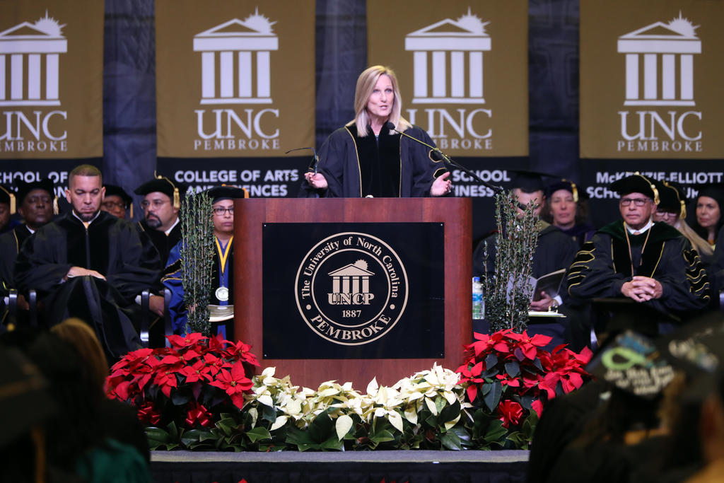 MyFutureNC CEO Cecilia Holden gives the keynote address at Fall Commencement on December 10, 2022