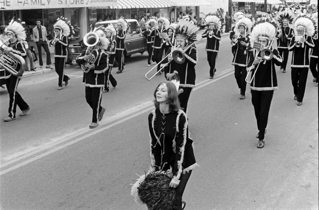 The band marches in the 1975 Veterans Day parade