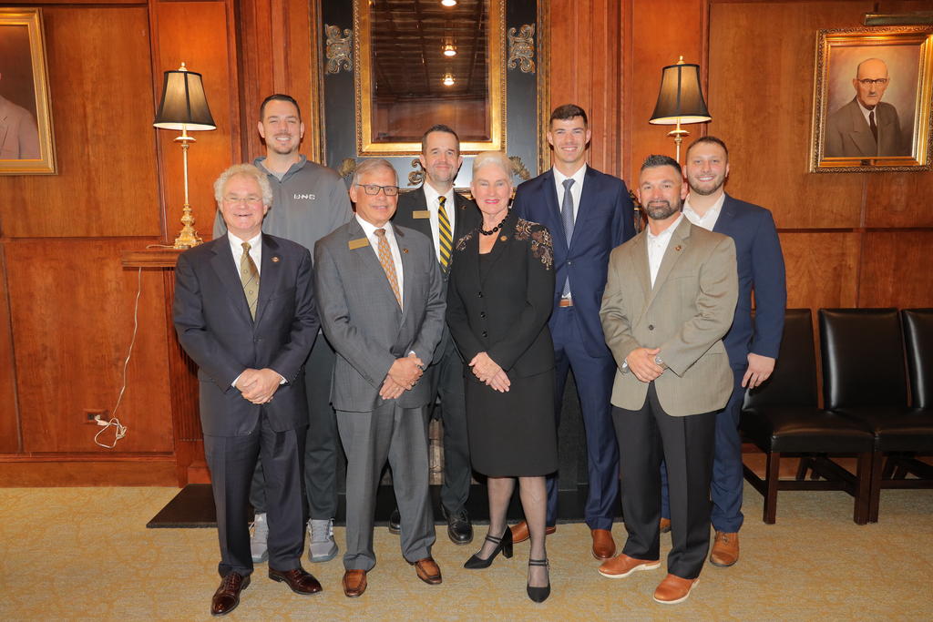 (Pictured, front row, left to right) Dr. Joe West, Chancellor Robin Gary Cummings, Lenore Taylor, Dick Christy (back row, left to right) Drew Richards, Steve Varley, Eddie Mahana and Tyler Johnson