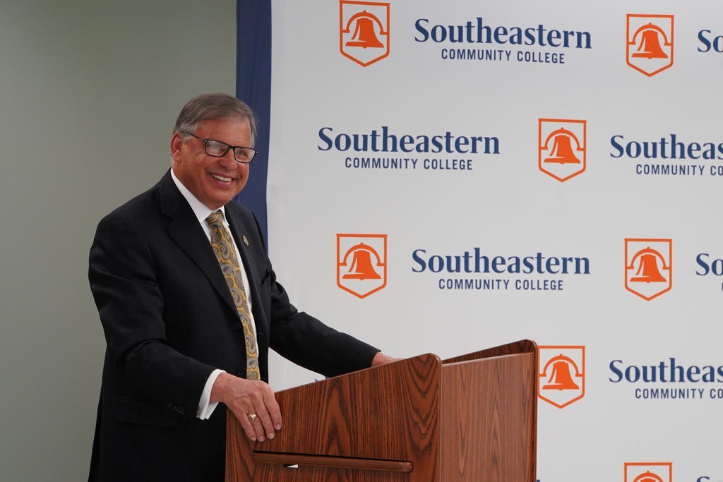Chancellor Robin Gary Cummings gives remarks during a cybersecurity MOU signing ceremony at Southeastern Community College on April 28, 2023