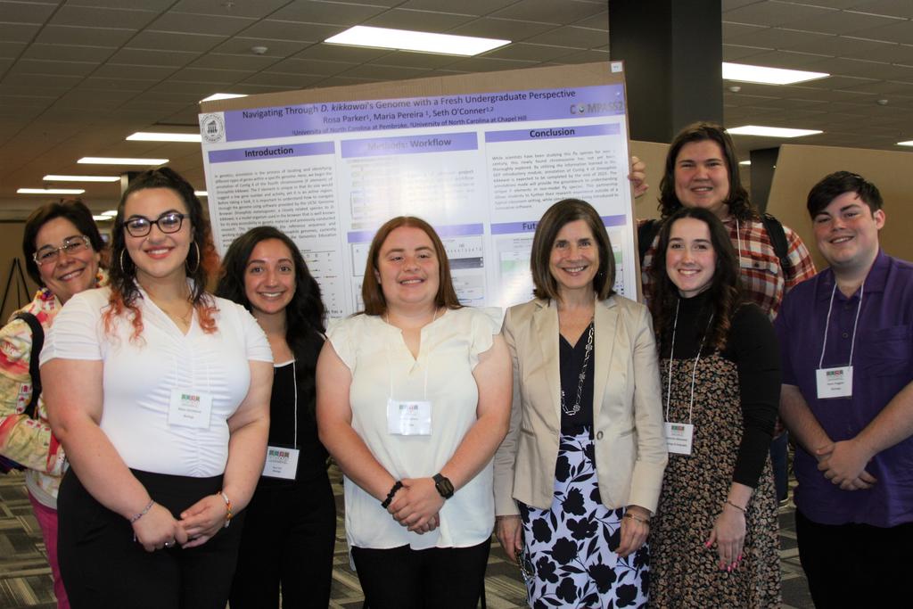 Dr. Maria Pereira (left) and COMPASS student presenters and COMPASS Director Dr. Maria Santisteban (fourth from right)