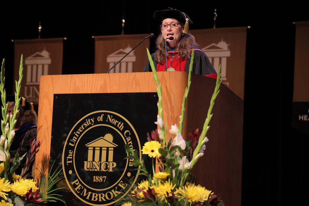 Provost Diane Prusank speaks at New Student Convocation at UNC Pembroke on August 14, 2023