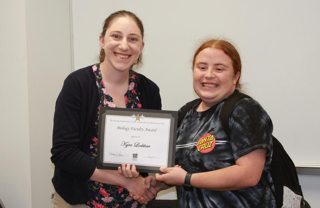 Dr. Kaitlin Campbell (left) and Kyra Locklear, winner of the Biology Faculty Award