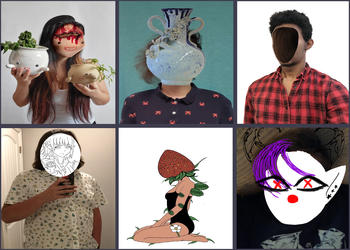 six people with faces obscured, replaced by collage, or missing