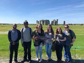Students in Dr. Jamie Litty's World Media class visited Stonehenge during a recent trip to Europe. DePaul Barron, far left, Marcus Shoffner, Kayla Carson, Samantha DeBusk, Sara Goldsberry and Stephanie Reeder
