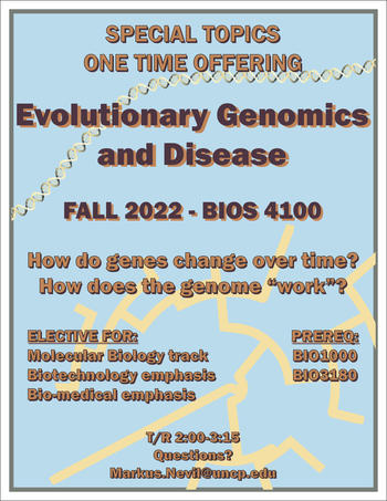 New special topics course in Evolutionary Genomics and Disease offered during fall 2022 semester