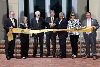 From left: Sen. Pro Tempore Phi Berger, Sally Thomas, Jim Thomas, Gov. Roy Cooper, Chancellor Robin Gary Cummings, First Lady Rebecca Cummings and House Speaker Tim Moore