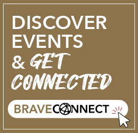 A graphic that reads "Discover Events and Get Connected" with the Brave Connect logo and a mouse click