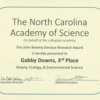 Gabby Downs' Award Certificate